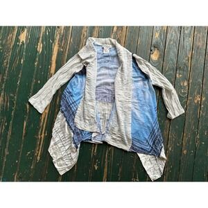 Ania A Womens Blue White Boho Open Front‎ Cardigan Ruffle Hem Draped Knit Small